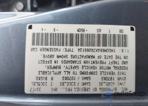 2007 Honda Accord 3.0 Se from USA, damaged, VIN 1HGCM664X7A066124